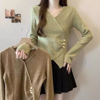 2025 spring autumn harajuku Women Pullover Long Sleeve Tops For Women V-Neck Casual Slim Irregular Split knitted t-shirts cloth S