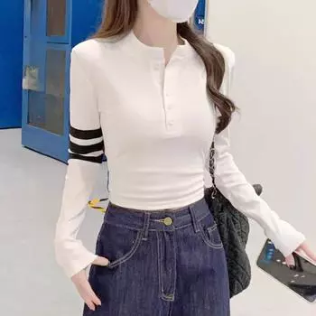 2025 spring Autumn Knitwear Fashion solid stripe button crew neck long Sleeve Casual Knitted Sweater Top Women Pullover Sweaters One Size