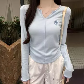 2025 spring autumn long Sleeve V-Neck casual Letter embroidery Slim t shirt Fashion Irregular Women T-shirt Ladies blue y2k Tops S