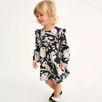 2025 spring autumn pure Cotton cartoon printing Princess Dress for girl long Sleeve Skirt cute Girls dresses black Kid Children s Clothing 2Y