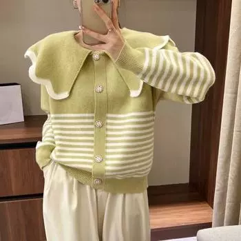 2025 spring autumn stripe V-neck long-sleeve knitted sweater korean women s single-breasted versatile top Cardigan sweaters One Size