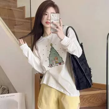 2025 Spring Autumn white cute cartoon print T-shirt for Women Harajuku Long Sleeve O-Neck T-Shirts Casual loose T Shirt Y2k Tops Streetwear M белый