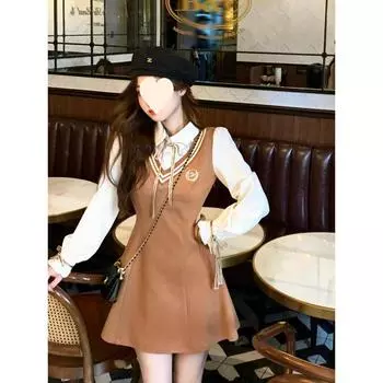 2025 Spring/Autumn Women s Slim Contrast Color Embroidered Faux Two-Piece College Style Dress S