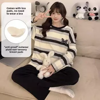 2025 spring black stripe Pajamas Set with chest pad for Women Long Sleeve and Long Pants Sleepwear Cozy Pyjamas soft homewear young girl M чёрный