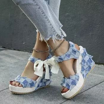 2025 spring casual new cool slippers checkered straps bow women s shoes Korean temperament wedge slippers 35 чёрный