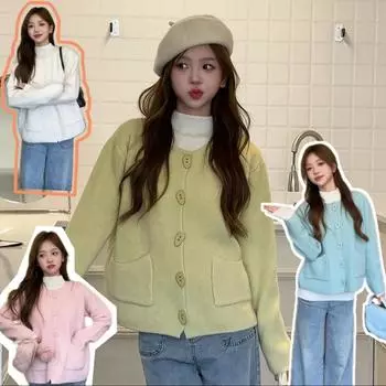 2025 spring coat ins short solid short sweater women s thicken loose single-breasted long-sleeve knitted cardigan sweaters women One Size