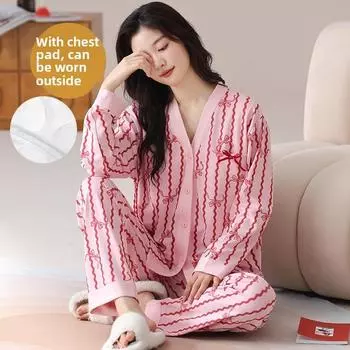 2025 весенние милые полосатые хлопковые пижамные комплекты с нагрудной подкладкой для женщин с длинным рукавом и длинными брюками пижама кимоно кардиган одежда для сна мягкая домашняя одежда M