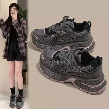 2025 spring dad shoes new ins Korean version of casual sports shoes platform-soled versatile women s shoes increase height and thinness 35 серый
