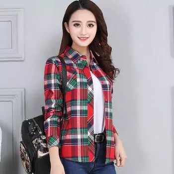 2025 Spring & Fall New Arrival Cotton Silm Gingham Shirt Women s Long Sleeve Silm Slim Looking Bottoming Shirt Women s Casual Outwear Red Green M (recommended 40.00 kg-45.00 kg