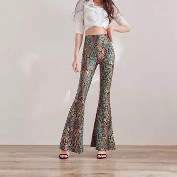 2025 Spring & Fall New Arrival Print Snake Pattern High Waist High Elastic Fashion Wind Long Bell-Bottom Pants Slim Looking Thin Sexy Fitness Yellow-green snake pattern L/XL (60.00 kg-75.00 kg