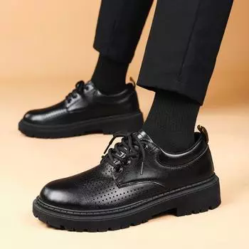 2025 spring men s casual low-top platform lace-up leather shoes black versatile leather surface punching breathable leather shoes men s shoes 39