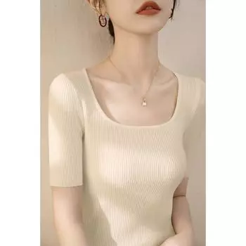 2025 Spring New Arrival Minimalist White Square-Cut Collar Elbow Sleeve Sweater Silm Slim Looking U-Neck T-shirt Bottoming Tops Women Apricot [high quality fabric]] L