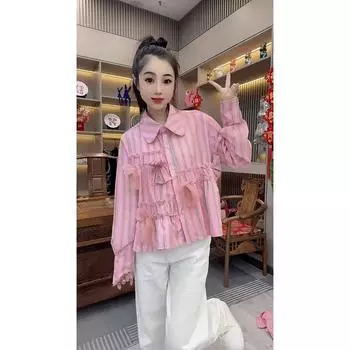 2025 Spring New Arrival Three-Dimensional Flower Patchwork Stripes Pink Shirt Female Stylish Youthful Undershirt Long Sleeves Tops Pink 2XL