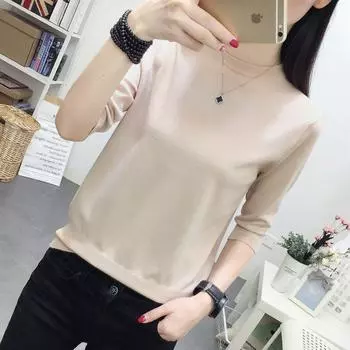 2025 Spring New Arrival Women s Fashion Style Half Sleeve Half Length round Neck Knitted Loose Simple Fashion Elegant Bottoming Shirt Thin Apricot(Middle sleeve) L