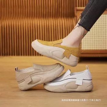 2025 spring new casual loafers women s thick-soled one-pedal through the net soft leather retro single shoes women s shoes 35 белый