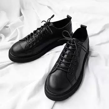 2025 spring new cowhide platform shoes tide shoes board shoes trend casual men s shoes soft sole lace-up Korean version low-top leather shoes 37 чёрный