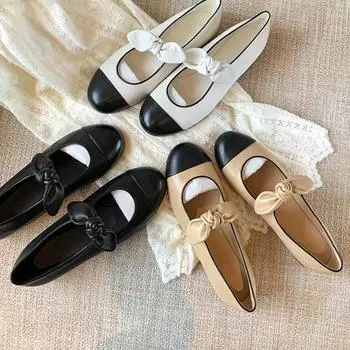 2025 spring new cowhide version princess single shoes~ Xiaoxiangfeng round head bow flat ballet single shoes female ma 34