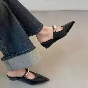 2025 spring new European and American style temperament pointed head middle heel empty single shoes women s sexy metal decorative bag head half sli 35 серебряный
