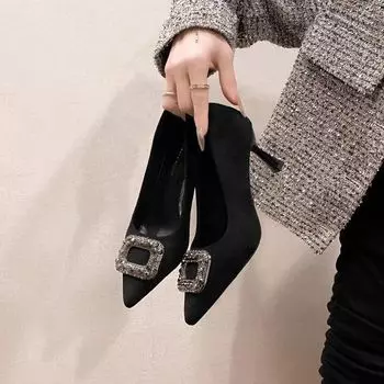 2025 spring new fine heel rhinestone suede not tired feet temperament pointed square buckle single shoes black high heels women s autumn 34