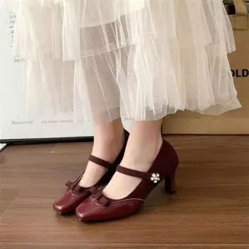 2025 spring new French burgundy bow high heel single shoes women s square head thick heel medium heel wedding shoes bridal shoes 35 чёрный