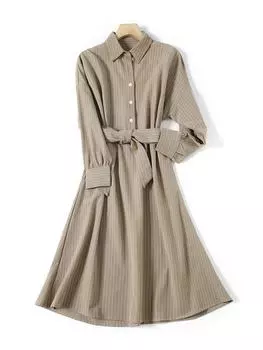 2025 spring new French retro striped temperament lace-up slim long-sleeved shirt skirt polo collar dress women Large size L хаки