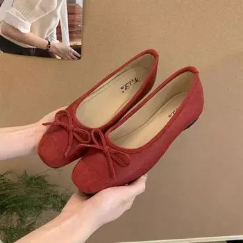 2025 spring new grandma shoes shallow bow single shoes fairy comfortable square head inner height increase flat ballet shoes 35