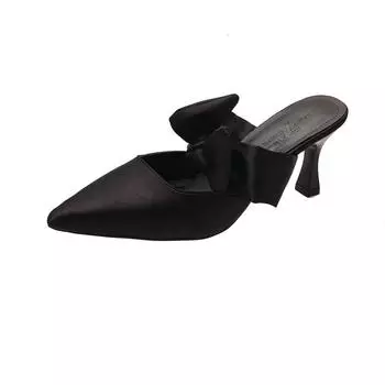 2025 spring new high-end sense! Satin pointed head bow Muller stilettos women s bag head half slippers 35