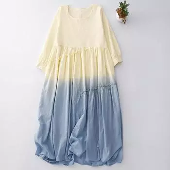 2025 spring new high-grade gradual change contrasting color fresh and simple double-layer dress women s long-sleeved round neck temperament long dress L