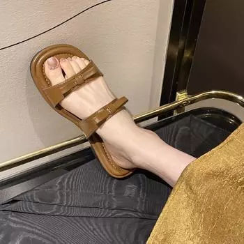 2025 spring new Korean version fashionable simple bow open-toed outer wear flat-bottomed beach one-word cool slippers women 35