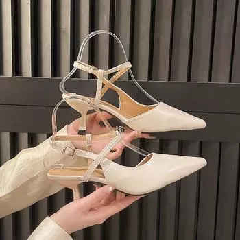 2025 spring new Korean version large size strap pointed single shoes fairy style thin heel female high heel sandals 35 чёрный