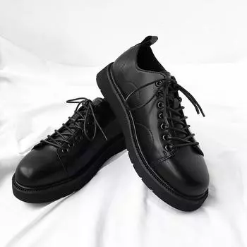 2025 spring new lace-up casual cowhide low-top Korean version trend round head platform casual men s shoes board shoes single shoes 37 чёрный