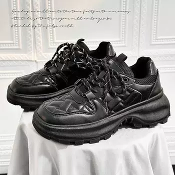 2025 Spring New Leather Shoes Men Hong Kong Style Low-Top Fashion Trend Casual Shoes Comfortable Versatile Platform Sneakers 39 чёрный