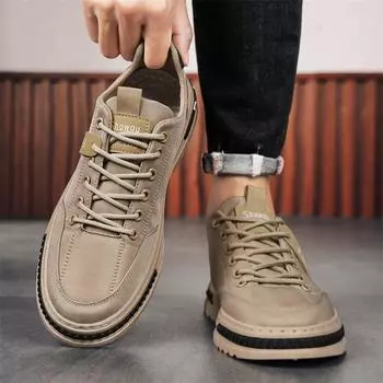 2025 spring new men s heightening leather surface solid color casual shoes daily low-top versatile work sports shoes men s shoes 39 хаки