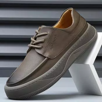 2025 spring new men s shoes leather breathable versatile platform fashion casual leather shoes men s sports trendy shoes 38 хаки