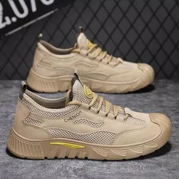 2025 Spring New Men s Shoes Mesh Breathable Casual Labor Protection Shoes Fashionable and Versatile Outdoor Travel Shoes Dirt-Resistant Single Shoes 39 хаки