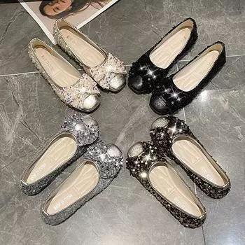 2025 весна новые жемчужные легкие милые красивые женские туфли с квадратной головкой и юбкой одна педаль ленивый бант женские туфли 35 серебряный