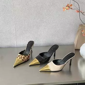 2025 spring new pointed head thin heel high heel temperament thin fashion leopard print bag head half drag women s shoes outside slippers 35 чёрный