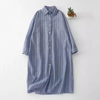 2025 Spring New Polo Neck Long Sleeve Cotton and Linen Medium and Long Dress Women s Versatile Casual Striped Shirt Skirt M светло-синий