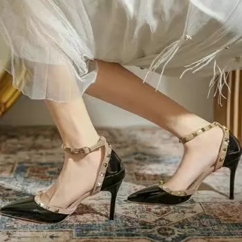2025 spring new rivet pointed high heels patent leather one-word strap middle heel bag head women s shoes stiletto sandals women s 34