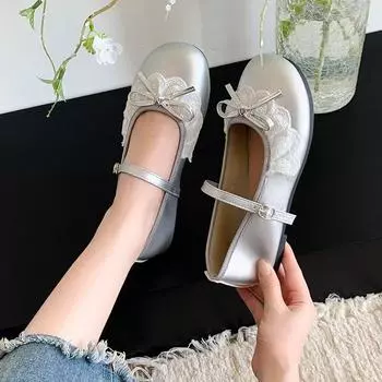 2025 spring new silver bow Mary Jane single shoes women s shoes ballet shoes casual flats 35 чёрный