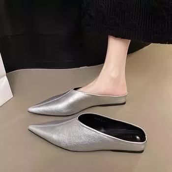 2025 spring new simple solid color pointed flat sole single shoes versatile flat heel bag head half drag outer wear women sandals women 35