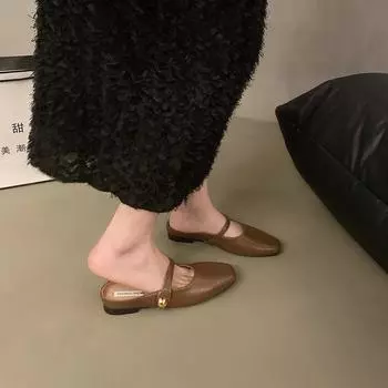 2025 spring new square head fairy back empty single shoes low heel sandals sweet lazy slippers fashion bag head half slippers 35 бежевый