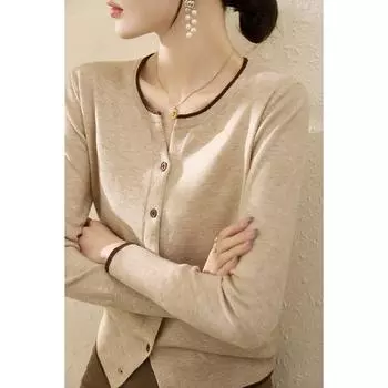2025 Spring New Women clothes Loose Long sleeve Knit cardigan Outerwear Color Matching Round neck sweater Gray Temperament Top Flower beige 3XL
