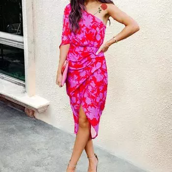 2025 spring new women s clothing temperament sexy printed pleated slim slanted shoulder split dress S синий