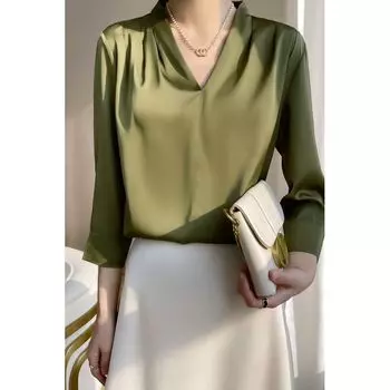 2025 Spring New Women s V Neck Pullover Silk Shirt Fashion Elegant Mulberry Silk Pure Color Mulberry Silk Easiest for Match Lining Green L