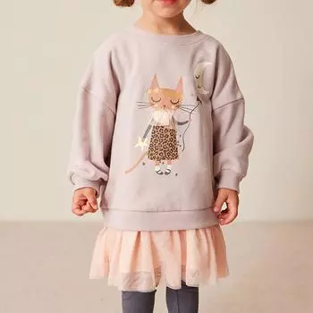 2025 spring pure Cotton cute cartoon cat print hoodie girl pullover Kid Children s Clothing long Sleeve Mesh splicing girls pink long Tops sweatshirts 2Y