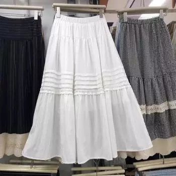 2025 spring romantic gentle wind heavy industry pleated splicing medium and long a-shaped big swing skirt half-length umbrella skirt one size fits all белый