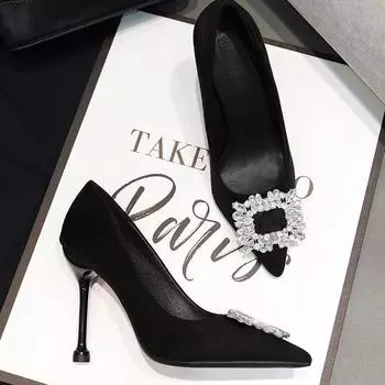 2025 spring socialite sexy pointed square buckle rhinestone French black high heels women s stiletto women s shoes single shoes 34