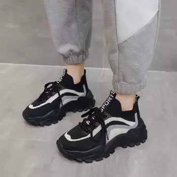 2025 spring socks shoes women s versatile thick-soled breathable fly-woven sports and leisure shoes running shoes dad shoes ins tide 35 чёрный