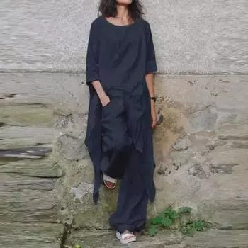 2025 Spring/Summer Casual Loose Irregular Hem Round Neck 3/4 Sleeve Cotton-Linen Suit Shirt M светло-коричневого